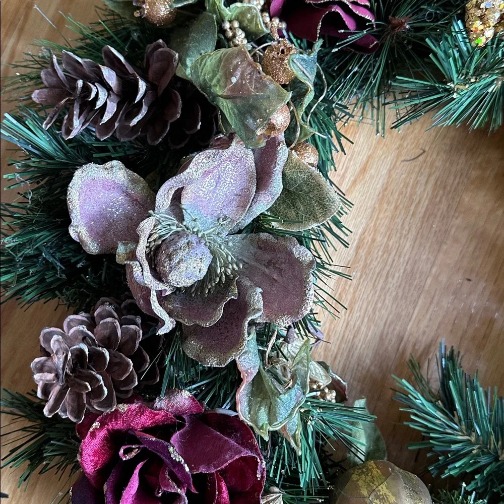 Handcrafted Gold and Wine Red Holiday Wreath
